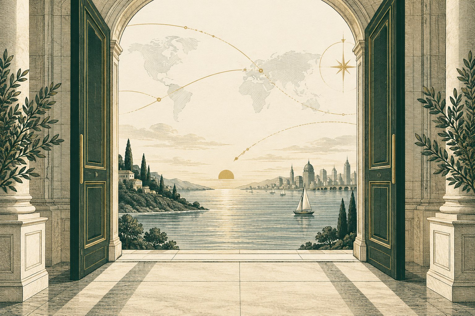 Architectural illustration of a doorway overlooking a harbor and world map.
