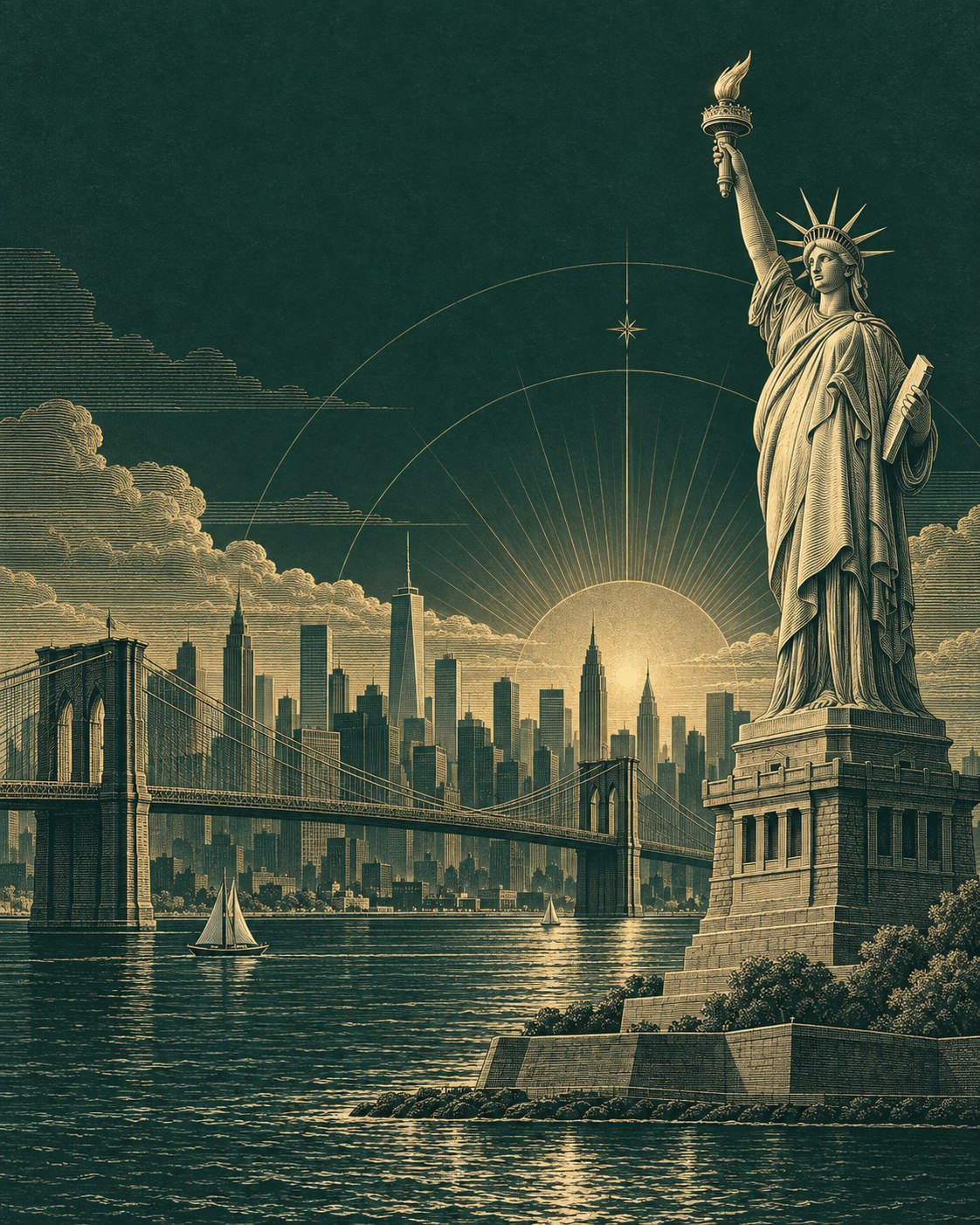 Engraved illustration of the Statue of Liberty, a bridge and a harbor.